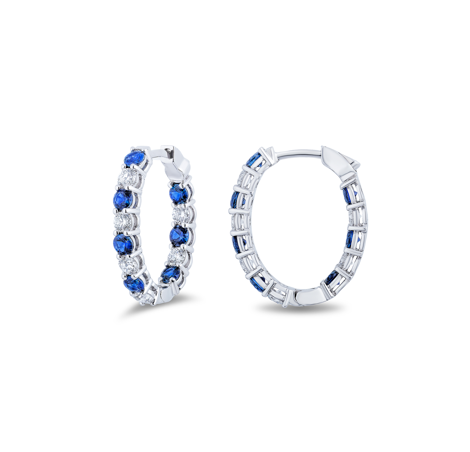 18K White Gold Inside Out Diamond and Sapphire Hoop Earrings